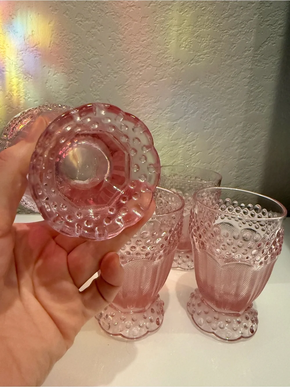 Gorham Crystal Emily's Attic Pink Hobnail Goblets 5’Italy~4 Pc Set excllent cond